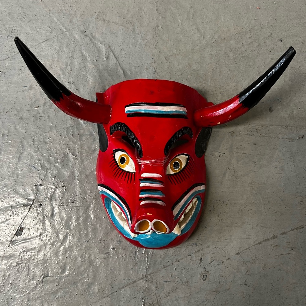 Hand-Painted Wood Red Bull Mask Blue White